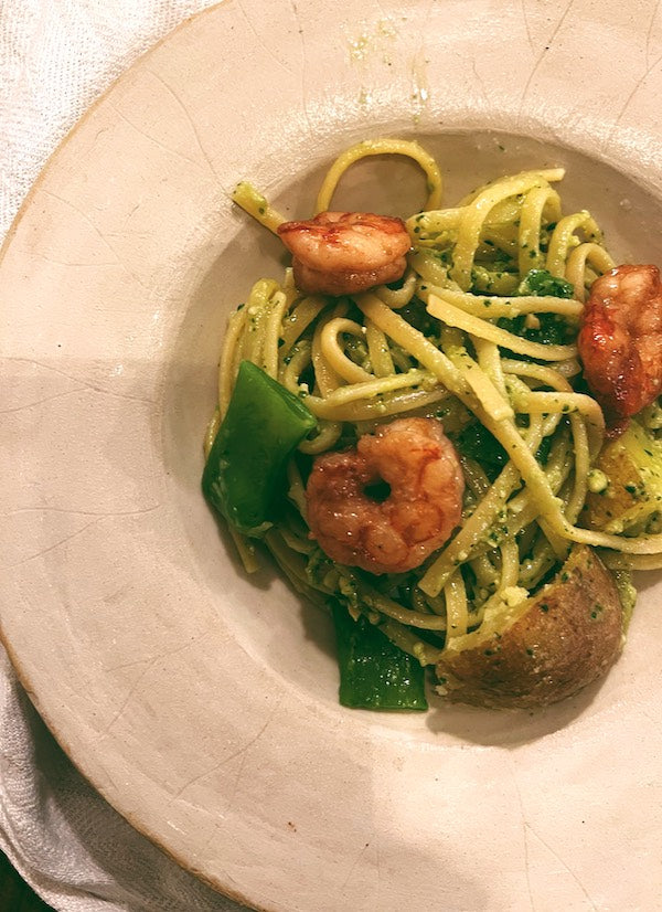 Linguini mit Pesto und Shrimps