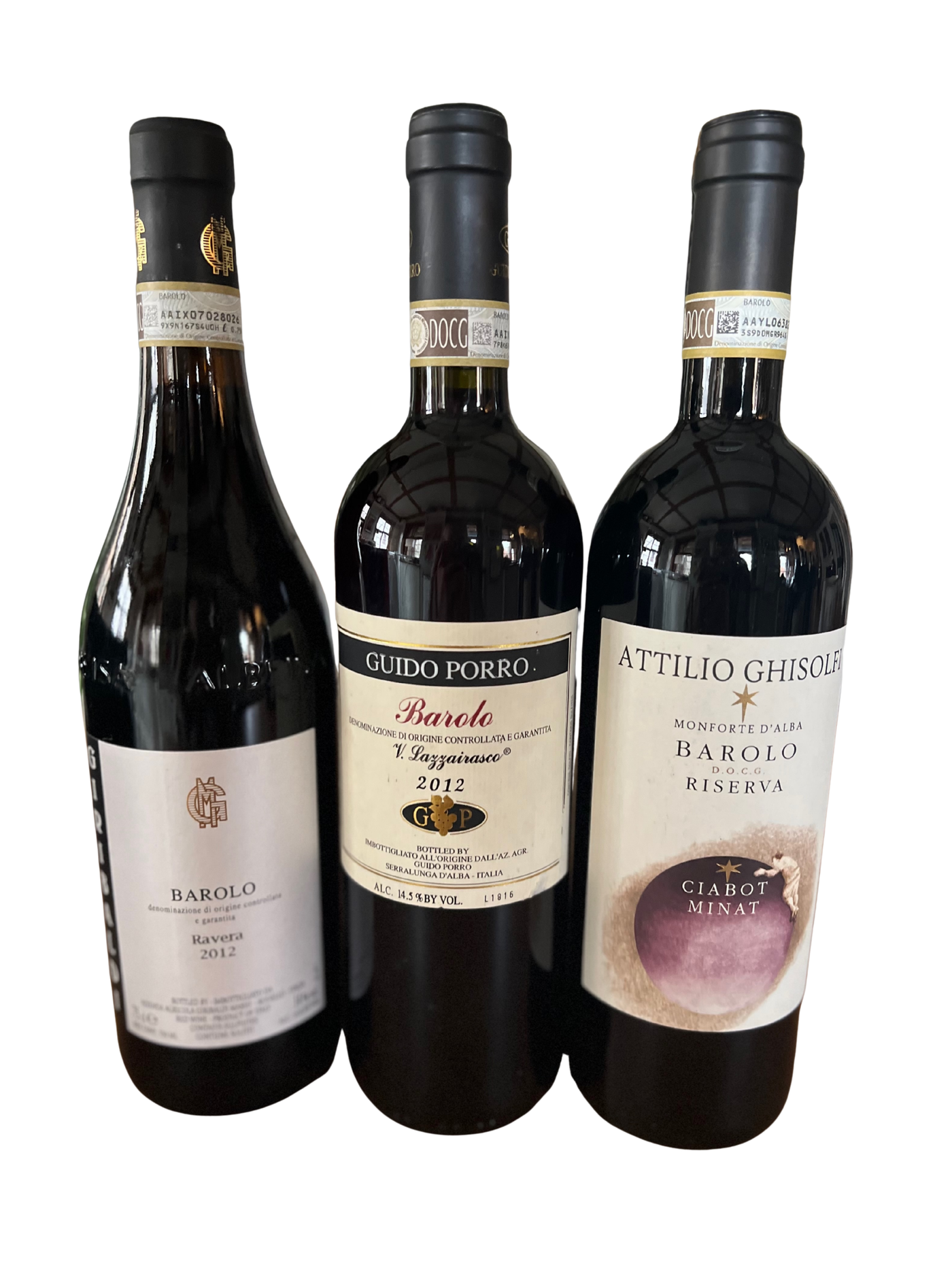 Three bottles of 2012 Barolo Wines